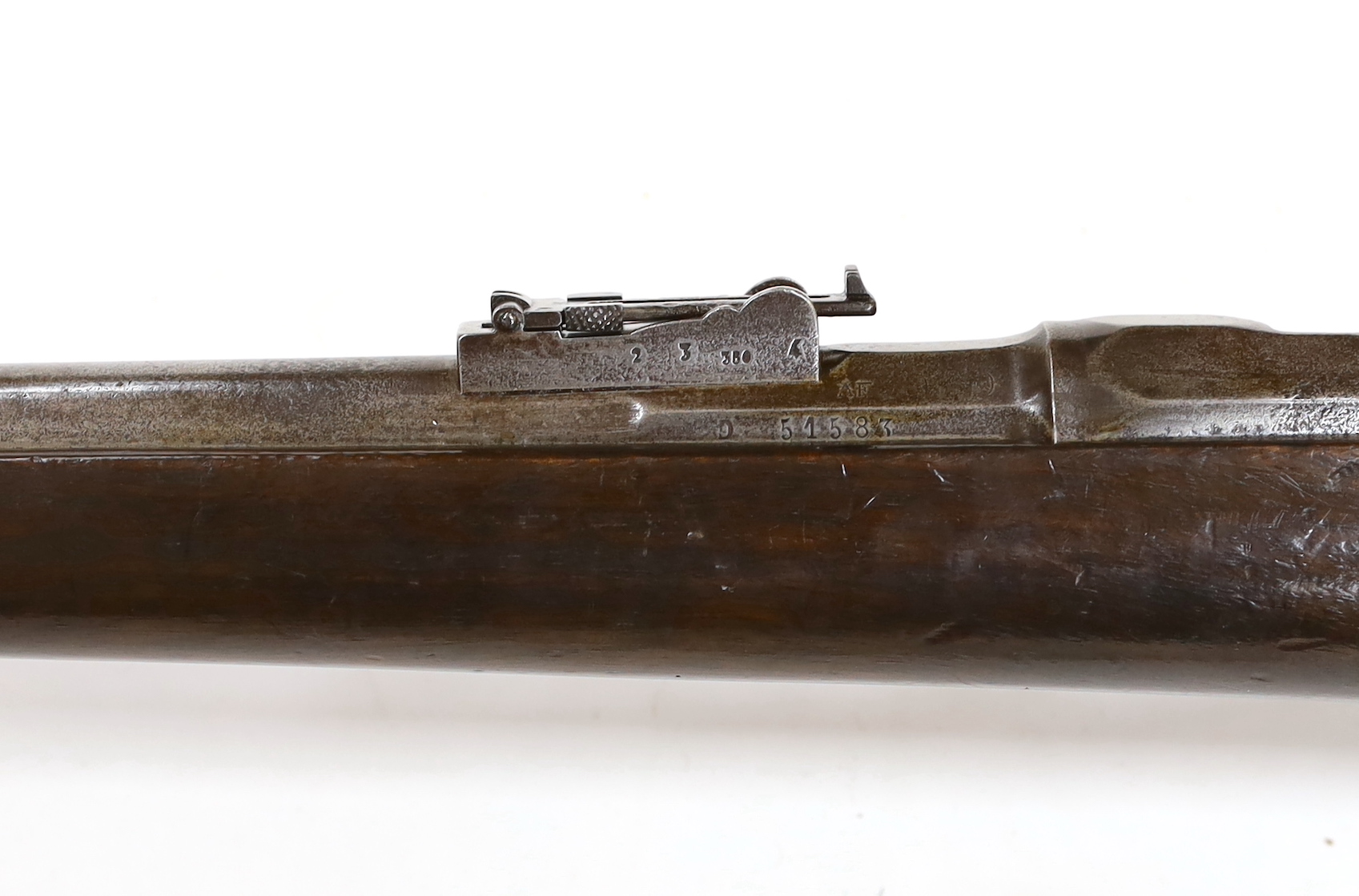 A French Chassepot bolt action rifle 1865-1874 with regulation, iron mounts, and 1868 brass handle bayonet dated 1868, barrel 79cm